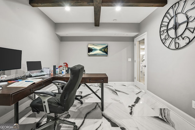 office with beam ceiling, baseboards, recessed lighting, and marble finish floor