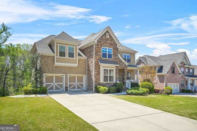 view of front of house featuring driveway, an attached garage, a front yard, brick siding, and roof with shingles