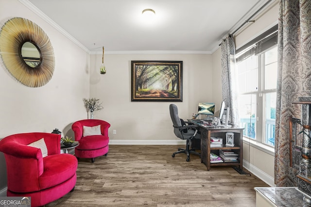 office area featuring wood finished floors, crown molding, and baseboards