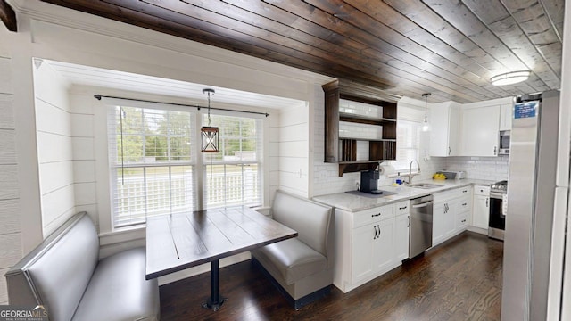 kitchen with wood ceiling, a sink, appliances with stainless steel finishes, open shelves, and white cabinetry
