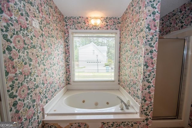 250 Clearview Cir, Mcdonough, GA 30253 - full bathroom featuring wallpapered walls, a shower stall, a wealth of natural light, and a whirlpool tub