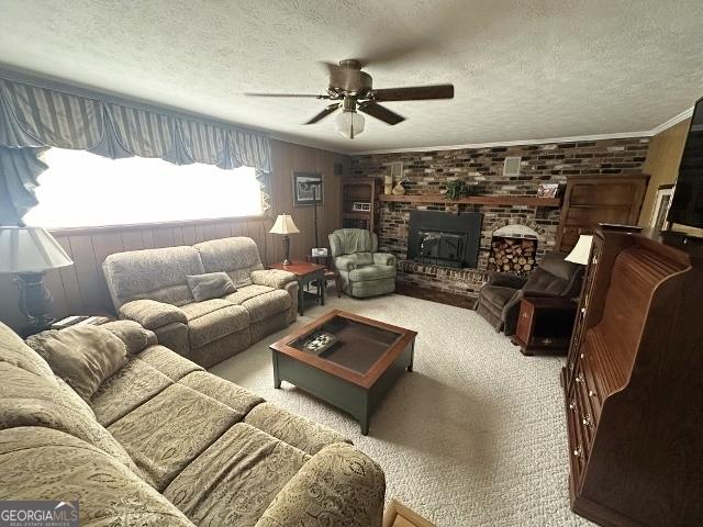 living area with a ceiling fan, carpet flooring, and a textured ceiling