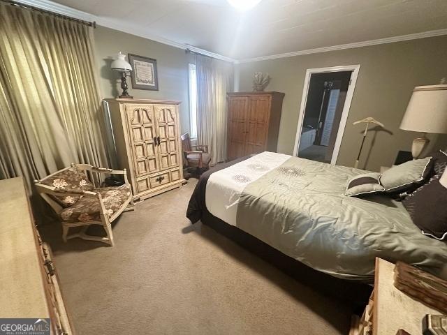 bedroom featuring light colored carpet and ornamental molding