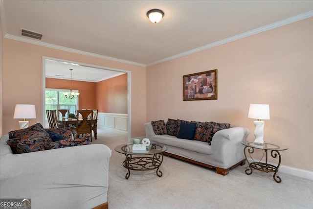 60 Heritage Keep, Covington, GA 30016 - carpeted living room featuring a chandelier and ornamental molding