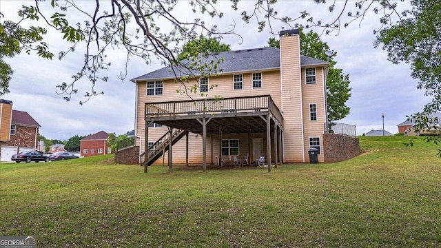 60 Heritage Keep, Covington, GA 30016 - rear view of property featuring a wooden deck, stairway, a lawn, and a chimney