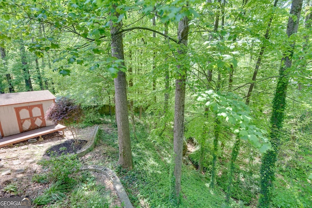 view of yard featuring a shed, an outbuilding, and a wooded view
