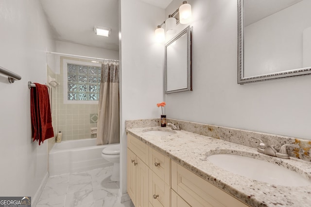 full bathroom with toilet, marble look tiles, baseboards, double vanity, and shower / bath combo with shower curtain