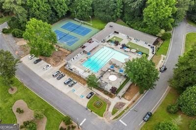 aerial overview of property's location featuring a pool area