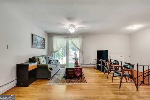 3990 Admiral Dr, Chamblee, GA 30341 - living room featuring a baseboard radiator, light wood-type flooring, ceiling fan, and a textured ceiling