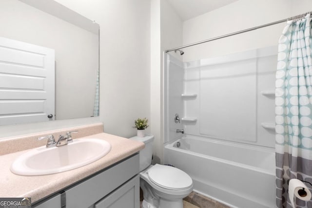 full bath featuring shower / bath combination with curtain, toilet, and vanity