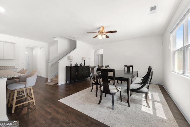 dining space with visible vents, a ceiling fan, stairs, and dark wood-style flooring