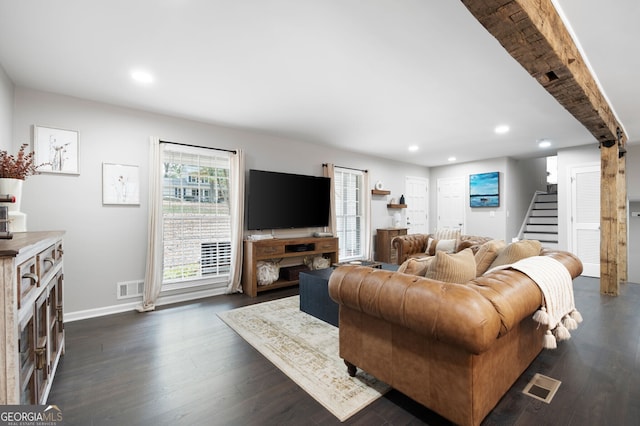 living area with visible vents, recessed lighting, stairway, and dark wood-style flooring