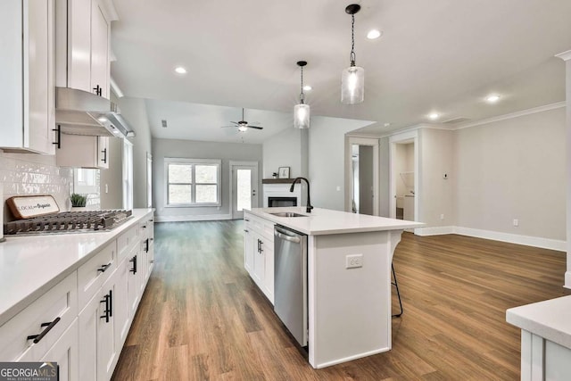 205 Farrell Creek Dr, Senoia, GA 30276 - kitchen with stainless steel appliances, open floor plan, range hood, light countertops, and white cabinetry
