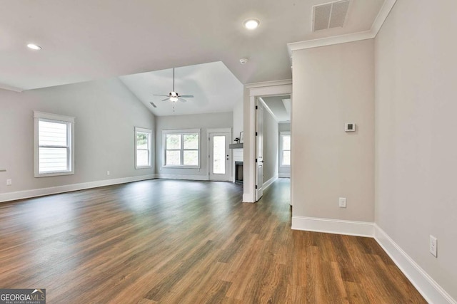 205 Farrell Creek Dr, Senoia, GA 30276 - unfurnished living room with a ceiling fan, dark wood-style flooring, lofted ceiling, and recessed lighting