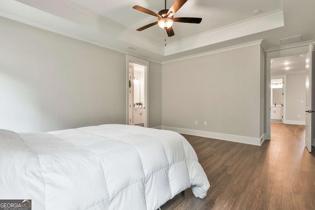 205 Farrell Creek Dr, Senoia, GA 30276 - bedroom featuring a raised ceiling, crown molding, wood finished floors, ensuite bath, and ceiling fan