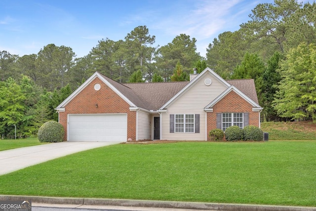 1220 Skipping Rock Ln SW, Grayson, GA 30017 - ranch-style house with an attached garage, a front lawn, brick siding, a chimney, and driveway