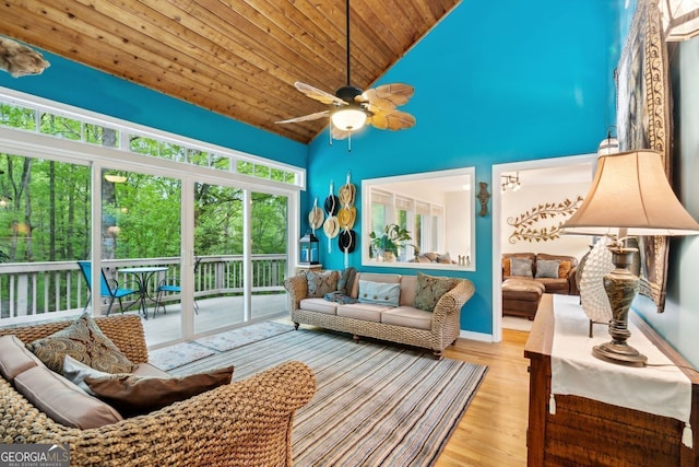 4761 Gateway Ln, Flowery Branch, GA 30542 - living area featuring ceiling fan, high vaulted ceiling, wood finished floors, and wood ceiling