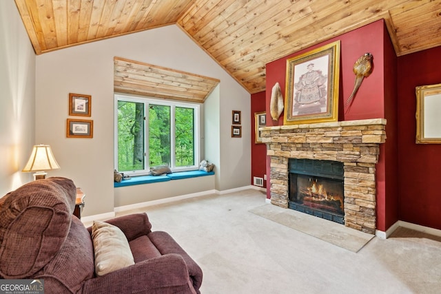 4761 Gateway Ln, Flowery Branch, GA 30542 - carpeted living area with wood ceiling, lofted ceiling, and a fireplace