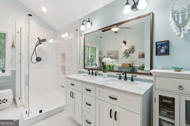 bathroom with a healthy amount of sunlight, lofted ceiling, and a sink