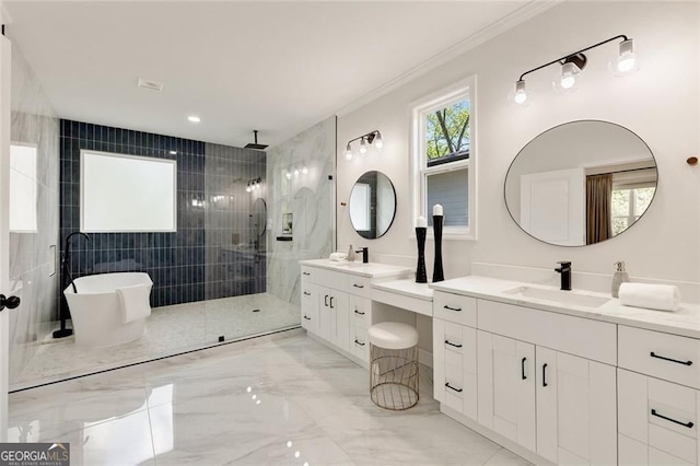 2553 Creekwood Ter, Decatur, GA 30030 - full bath featuring walk in shower, vanity, ornamental molding, a freestanding tub, and marble tiled floors