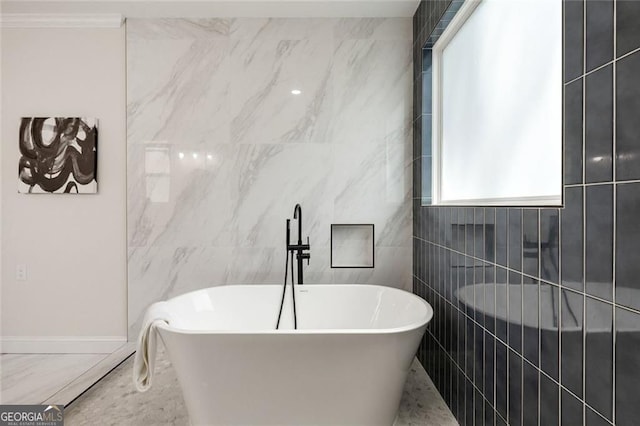 2553 Creekwood Ter, Decatur, GA 30030 - full bathroom with a soaking tub, tile walls, baseboards, and ornamental molding