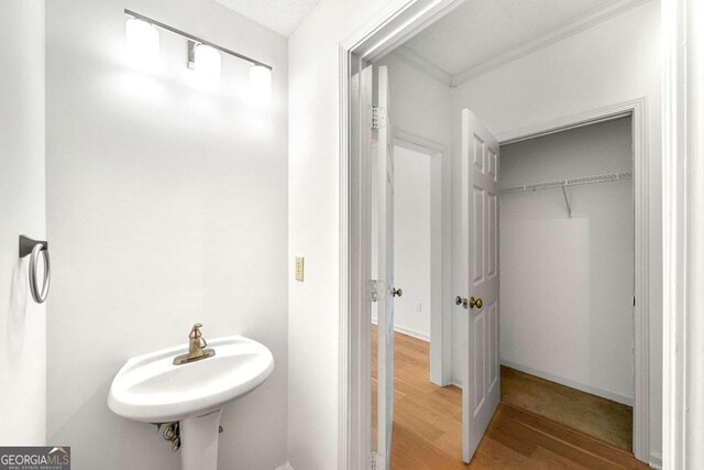 406 Vinings Forest Cir SE, Smyrna, GA 30080 - bathroom featuring wood finished floors, a sink, and crown molding