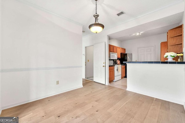406 Vinings Forest Cir SE, Smyrna, GA 30080 - unfurnished living room featuring light wood finished floors, baseboards, visible vents, and crown molding