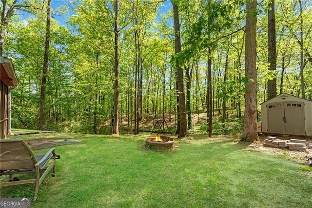 12 Mulberry Rd, Winder, GA 30680 - view of green lawn with an outdoor fire pit and a storage shed