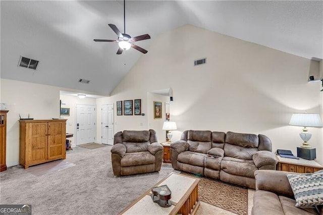 12 Mulberry Rd, Winder, GA 30680 - living area featuring a ceiling fan, high vaulted ceiling, and light carpet