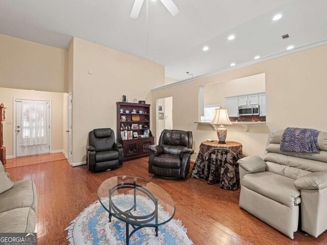 2402 Jasmine Glen Dr, Buford, GA 30519 - living room featuring recessed lighting, wood finished floors, visible vents, and ceiling fan