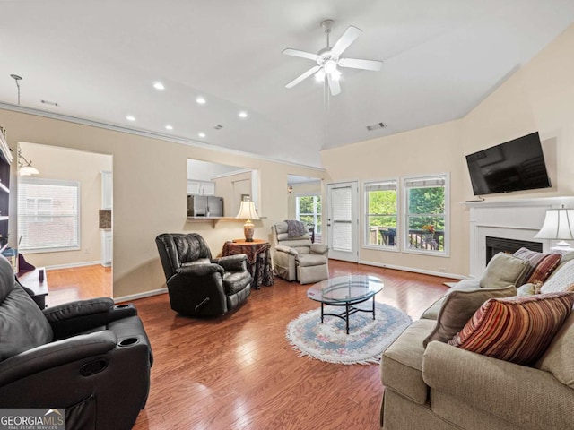 2402 Jasmine Glen Dr, Buford, GA 30519 - living area with visible vents, recessed lighting, wood finished floors, ceiling fan, and a fireplace