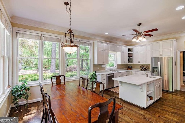 835 Timothy Rd, Athens, GA 30606 - kitchen with open shelves, stainless steel appliances, white cabinetry, light countertops, and ornamental molding