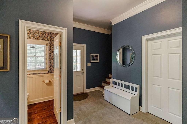 835 Timothy Rd, Athens, GA 30606 - foyer entrance featuring baseboards, a wainscoted wall, wood finished floors, and crown molding