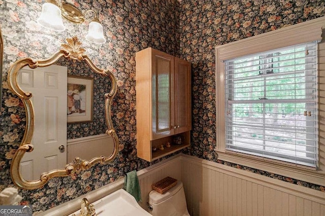 835 Timothy Rd, Athens, GA 30606 - bathroom with radiator heating unit, wallpapered walls, a wainscoted wall, and plenty of natural light