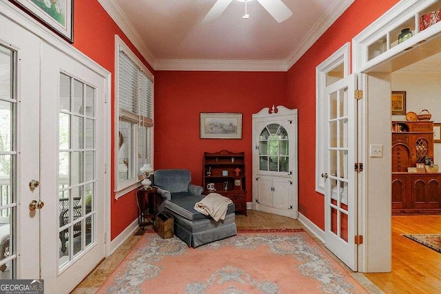 835 Timothy Rd, Athens, GA 30606 - living area featuring french doors, baseboards, wood finished floors, ceiling fan, and ornamental molding