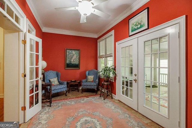 835 Timothy Rd, Athens, GA 30606 - sitting room featuring ceiling fan, ornamental molding, and french doors