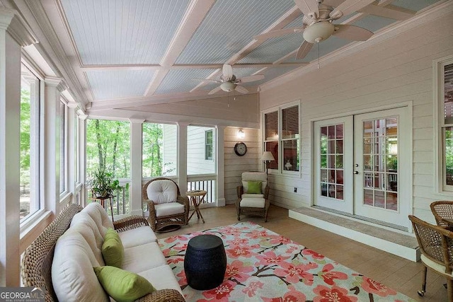 835 Timothy Rd, Athens, GA 30606 - sunroom featuring beamed ceiling, french doors, and a ceiling fan