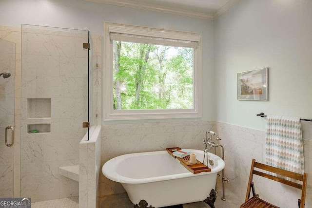 835 Timothy Rd, Athens, GA 30606 - full bath with a shower stall, a freestanding bath, a healthy amount of sunlight, and tile walls