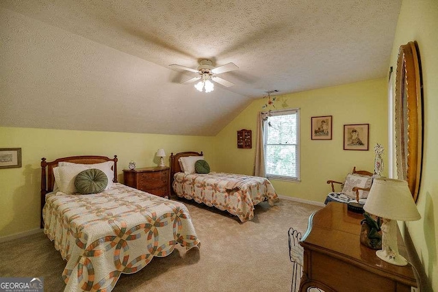 835 Timothy Rd, Athens, GA 30606 - carpeted bedroom featuring lofted ceiling, visible vents, baseboards, a textured ceiling, and ceiling fan