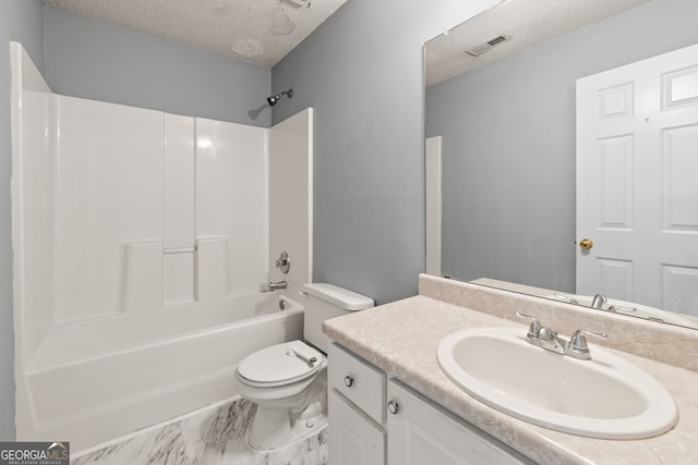 full bath with a textured ceiling, vanity, toilet, visible vents, and bathing tub / shower combination