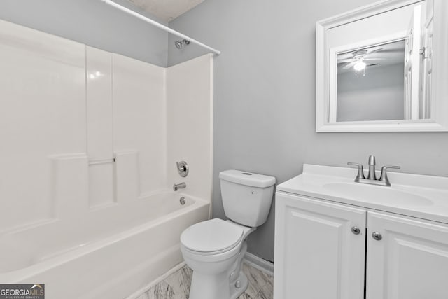 full bathroom featuring toilet, baseboards, a ceiling fan, marble finish floor, and vanity