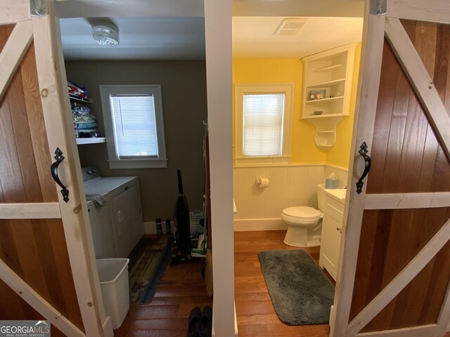 522 Satsuma Ct S, Ellijay, GA 30540 - bathroom with separate washer and dryer, wood finished floors, and wainscoting