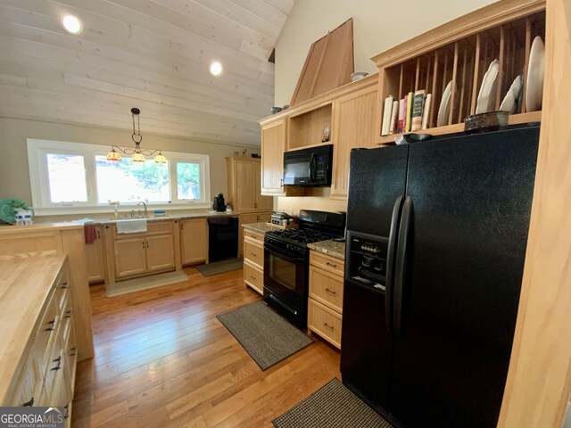 522 Satsuma Ct S, Ellijay, GA 30540 - kitchen with black appliances, open shelves, light brown cabinetry, lofted ceiling, and wooden ceiling