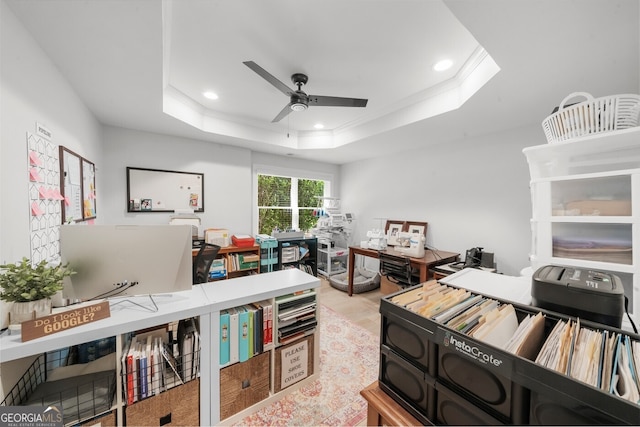 office area featuring ceiling fan, recessed lighting, wood finished floors, and a raised ceiling