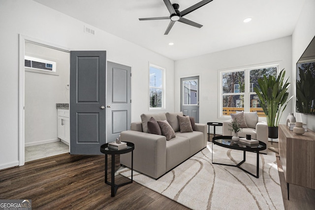 102 Dahlia Ave SW, Atlanta, GA 30314 - living area featuring visible vents, ceiling fan, baseboards, recessed lighting, and wood finished floors