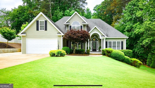 traditional-style home with concrete driveway, a front yard, and a shingled roof