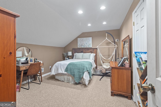 bedroom with carpet, vaulted ceiling, baseboards, and recessed lighting