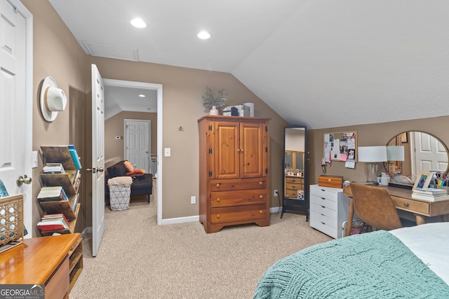 bedroom with vaulted ceiling, recessed lighting, and light colored carpet