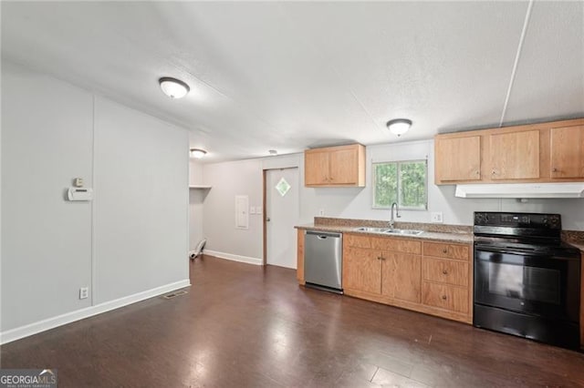 kitchen with black electric range oven, a sink, dishwasher, baseboards, and under cabinet range hood
