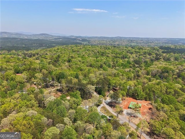 bird's eye view with a wooded view